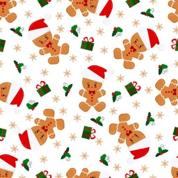 Vector flat christmas seamless pattern with gingerbread man in red hat, gifts Stock Illustration