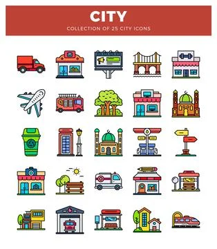 Vector flat city icons depicting buildings and transport Stock Illustration