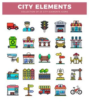 Vector flat city icons including traffic. buildings. Stock Illustration