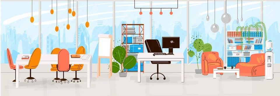 Vector Flat Collection of Creative Workplace with Modern Open Space and Empty Stockillustratie