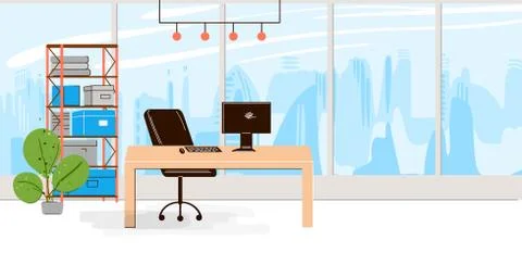 Vector Flat Collection of Creative Workplace with Modern Open Space and Empty 스톡 일러스트