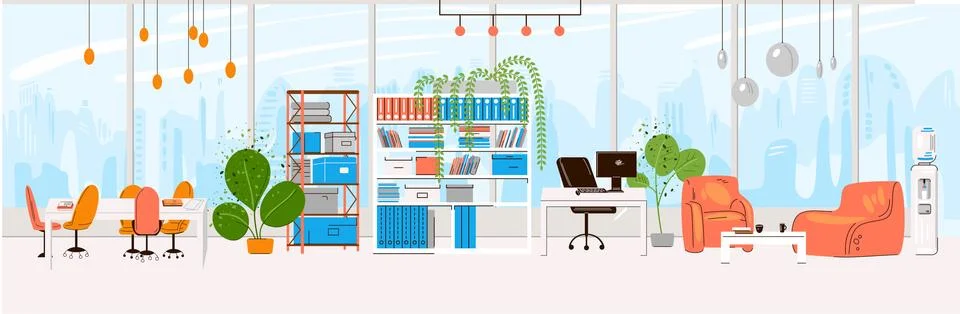 Vector Flat Collection of Creative Workplace with Modern Open Space and Empty Stockillustratie