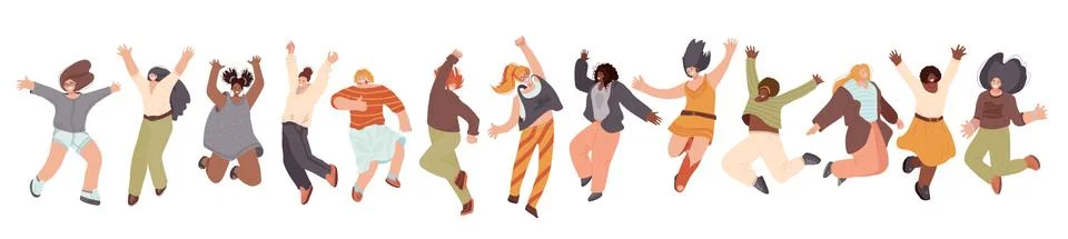 Vector flat collection of Happy Multiracial Woman illustration, dancing and Stock Illustration