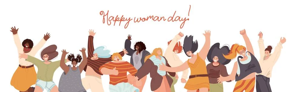 Vector flat collection of Happy Multiracial Woman illustration, dancing and Stock Illustration