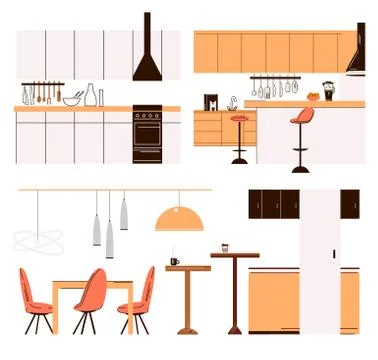 Vector flat collection of home kitchen modern furniture - kitchen tables, bar Stock Illustration