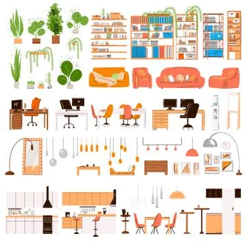 Vector Flat Collection of Interior Design Furniture. Designer trendy furniture Stock Illustration
