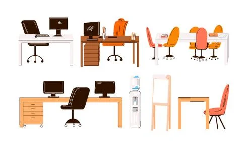 Vector flat collection of office and home work places, work stations - set of Stock Illustration