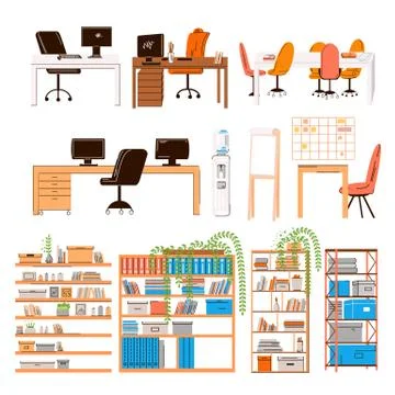Vector flat collection of office and home work places, work stations - set of Stock Illustration