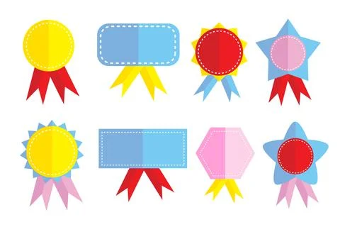 Vector flat color badge or emblem with ribbon, set 8 isolated on white Illustrazione stock