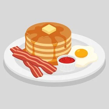 Vector flat color of classic American breakfast of pancakes with syrup, bac.. Illustrazione stock
