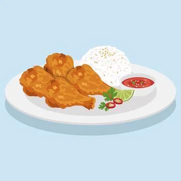 Vector flat color of Crispy fried chicken wings served with steamed rice, c.. Stock Illustration