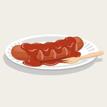 Vector flat color of German currywurst grilled sausage with spicy tomato sa.. Stock Illustration