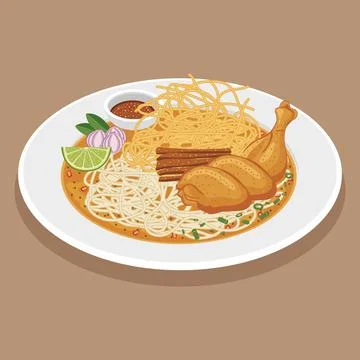 Vector flat color of Khao Soi Gai, a Northern Thai dish. egg noodles and a .. Stock Illustration