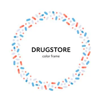 Vector flat color pill banner frame. Colorful red, blue, white pills Stock Illustration