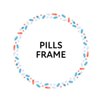 Vector flat color pills banner frame. Colorful red, blue, white pills Ilustración de archivo