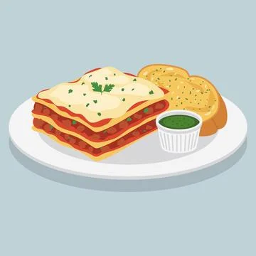 Vector flat color of serving piece of lasagna on a white plate, slices of g.. Stockillustratie