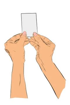 Vector flat color sketch hand holding blank card, isolated on white Stock Illustration