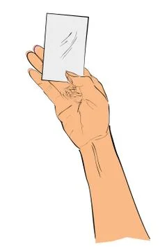 Vector flat color sketch hand holding blank card, isolated on white Stock Illustration
