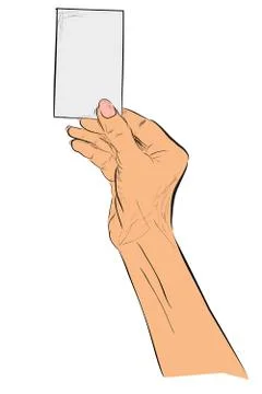 Vector flat color sketch hand holding blank card, isolated on white Stock Illustration