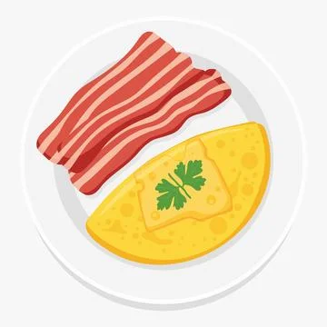 Vector flat color of slices of bacon and omelet topped with cheese and pars.. Stock Illustration
