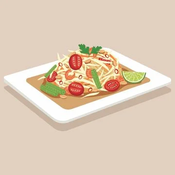 Vector flat color of Som Tum spicy Thai green papaya salad topped with toma.. Illustrazione stock