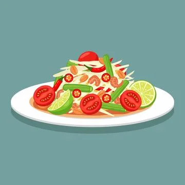 Vector flat color of Som Tum spicy Thai green papaya salad with tomatoes, g.. Illustrazione stock