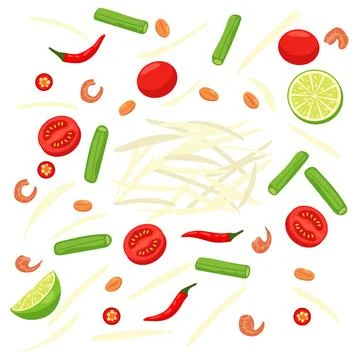 Vector flat color of Som Tum spicy ingredients Thai green papaya salad with.. Illustrazione stock