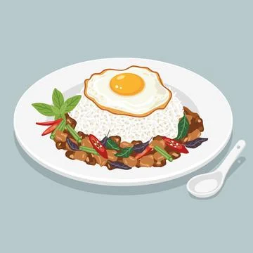 Vector flat color of stir fried Thai Pork with Holy Basil (Pad Kra Pao Moo).. Illustrazione stock