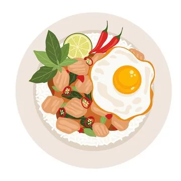 Vector flat color of stir fried Thai Pork with Holy Basil (Pad Kra Pao Moo).. Illustrazione stock