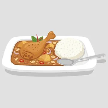 Vector flat color of Thai food Massaman curry with a chicken drumstick, pot.. Stock Illustration