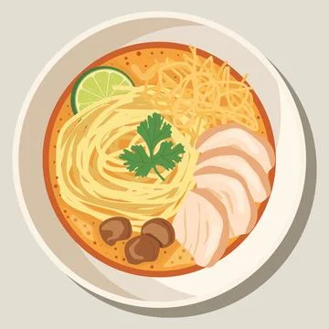 Vector flat color of Thai food bowl of Khao Soi Thai curry noodle soup with.. Illustrazione stock