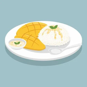 Vector flat color of Thai mango sticky rice with sliced mango, a mound of s.. 스톡 일러스트