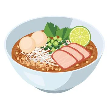 Vector flat color of Thai noodle soup with rice noodles, sliced pork, fish .. Illustrazione stock