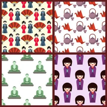 Vector flat colored symbols of Japan travel seamless pattern background asia Stock Illustration