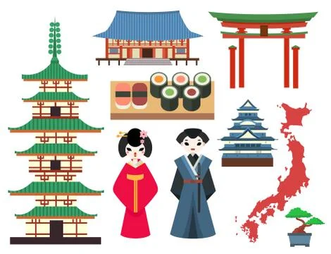 Vector flat colored symbols of Japan travel and asia tourism design packaging Stock Illustration
