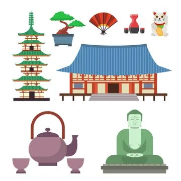 Vector flat colored symbols of Japan travel and asia tourism design packaging Stock Illustration