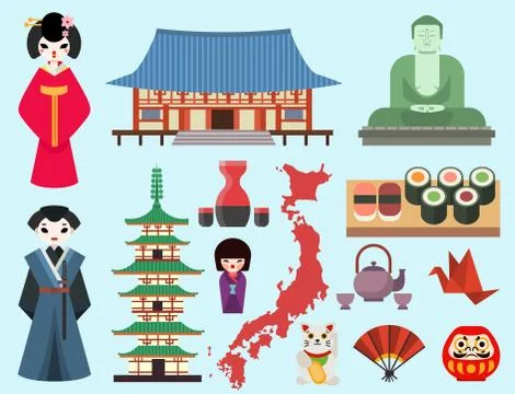 Vector flat colored symbols of Japan travel and asia tourism design packaging Stock Illustration