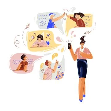 Vector flat concept about online remote school teaching. Young woman teacher Stock Illustration