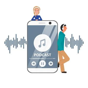 Vector Flat Concept of Podcast with Guys and Phone. Girl and Man are Next to Stock Illustration