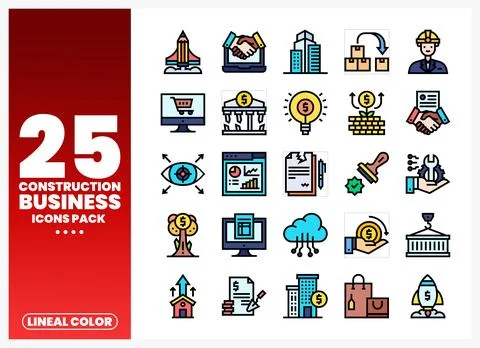 Vector flat construction business icons pack with lineal color style Stock Illustration