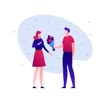 Vector flat couple character illustration. Man give flower bouquet to female Ilustração Stock