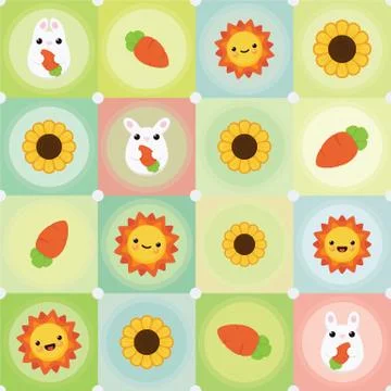 Vector flat creative background with bunny. carrot, sun and sunflower 스톡 일러스트