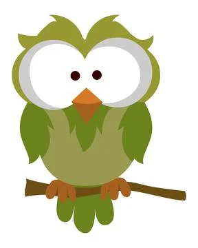 Vector flat cute brown owl sitting on branch Stock Illustration