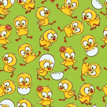 Vector flat cute chick hatching seamless pattern Stock Illustration