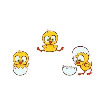 Vector flat cute chick hatching from egg set Stock Illustration