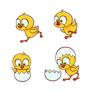 Vector flat cute chick hatching from egg set 스톡 일러스트