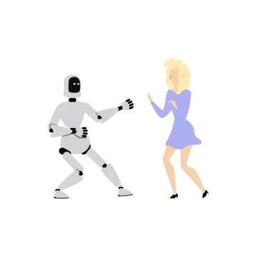 Vector flat cyborg robot dancing with woman 스톡 일러스트