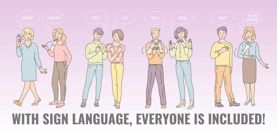 Vector flat deaf-mute people hand gesture language Stock Illustration