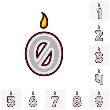 Vector flat design birthday candle set in the shape of all numbers. Burning c Stock Illustration