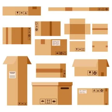 Vector flat design cartoon style illustration cardboard parcels set with pack Stock Illustration